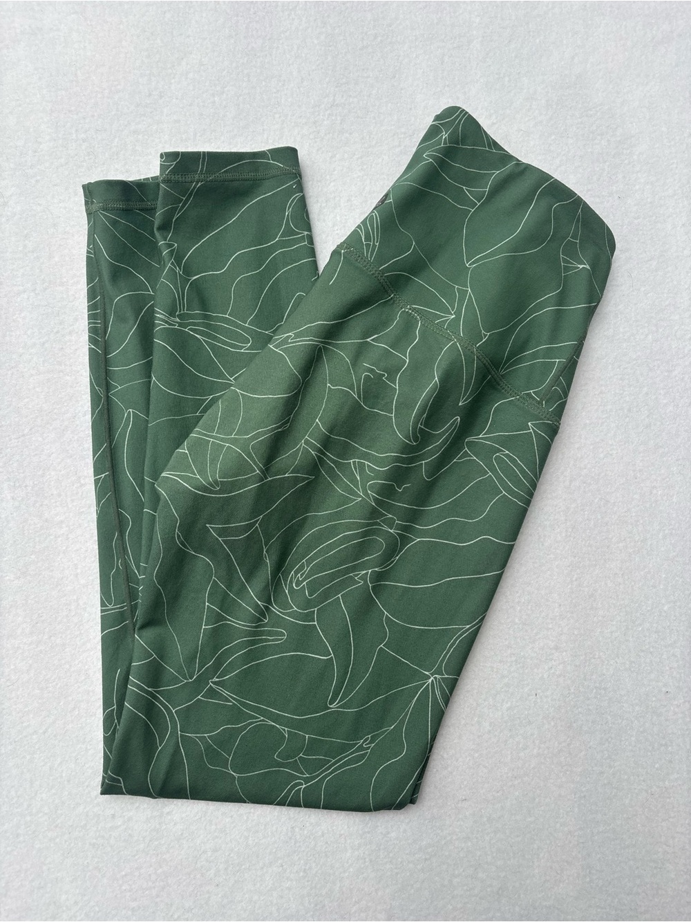 Prana Forest Green Athletic Leggings with White Line Floral Print